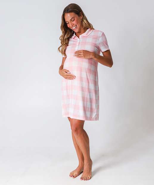 Camisola Gestante Polo Xadrez Marisa Rosa