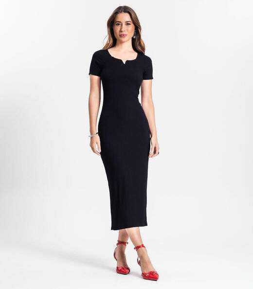 Vestido Midi Em Ribana Canelada Rovitex Preto