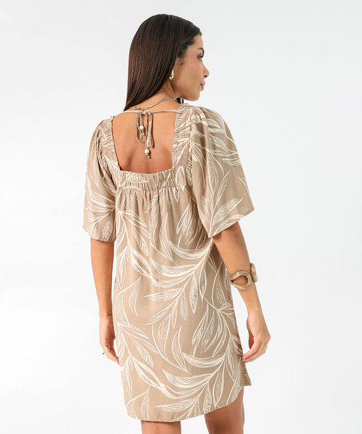 Vestido Feminino Folhas Manga Curta Marisa Marrom