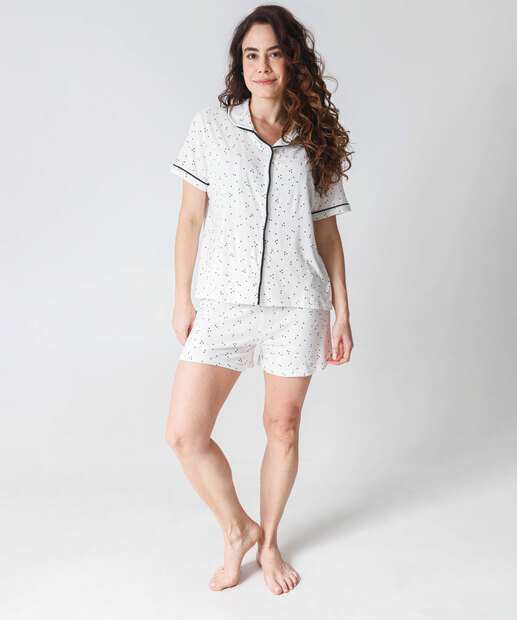 Pijama Americano Feminino Corações Viés Marisa Off White