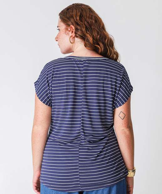 Blusa Plus Size Feminina Listrada Manga Curta Marisa Azul