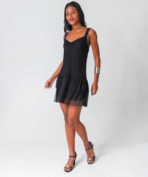 Vestido Feminino Tule Babado Marisa Preto