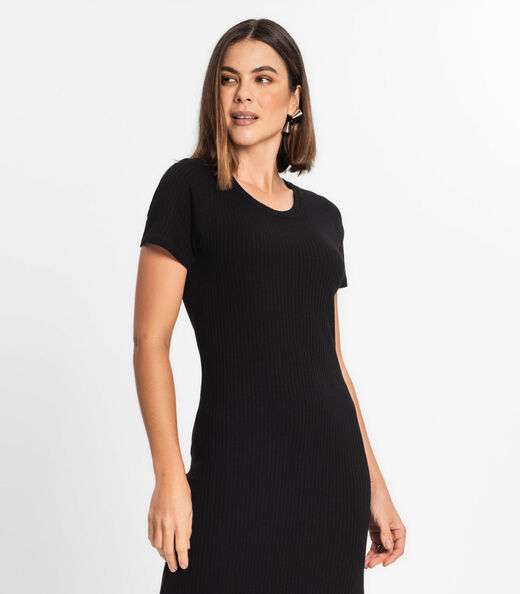 Vestido Midi Ribana Canelada Básico Rovitex Preto