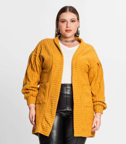 Cardigan Plus Size Em Canelado Tricot Secret Glam Amarelo