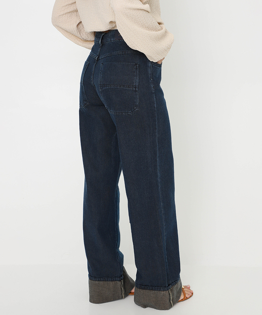 Calça Feminina Jeans Wide Leg Barra Dobrada Sawary Azul