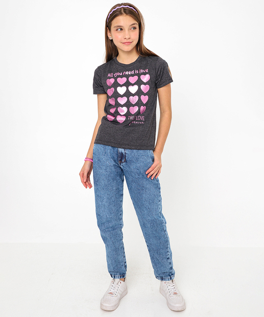 Camiseta Juvenil Estampa Foil Corações Marisa Tam 10 a 16 Chumbo