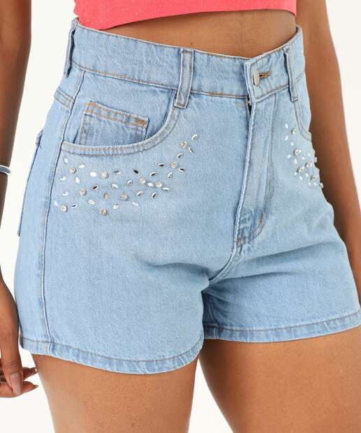 Short Feminino Jeans Strass Bolsos Azul
