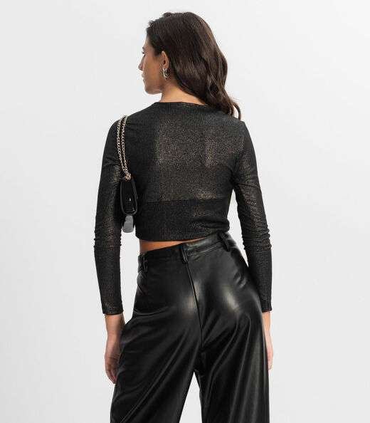 Blusa Cropped Juvenil Manga Longa Minty Preto