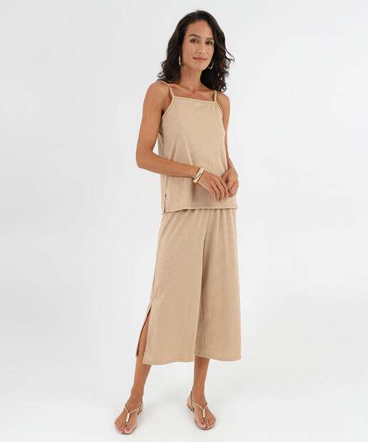 Blusa Regata Feminina Canelada Alongada Marisa Bege