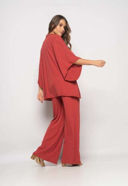 Conjunto Com Kimono, Cropped e Wide Leg Canelado Terra Salvatore