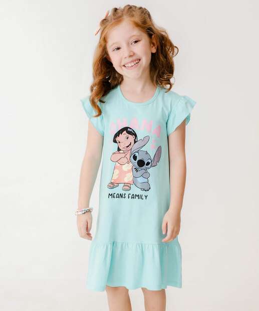 Vestido Infantil Babado Manga Curta Stitch Disney Tam 4 a 10