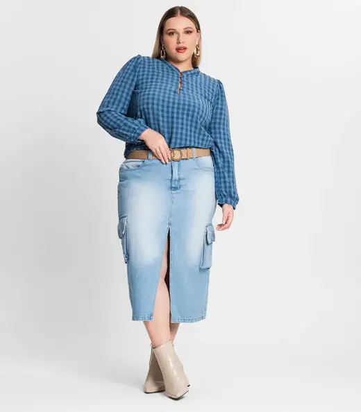 Blusa Plus Size Em Air Flow Xadrez Secret Glam Azul