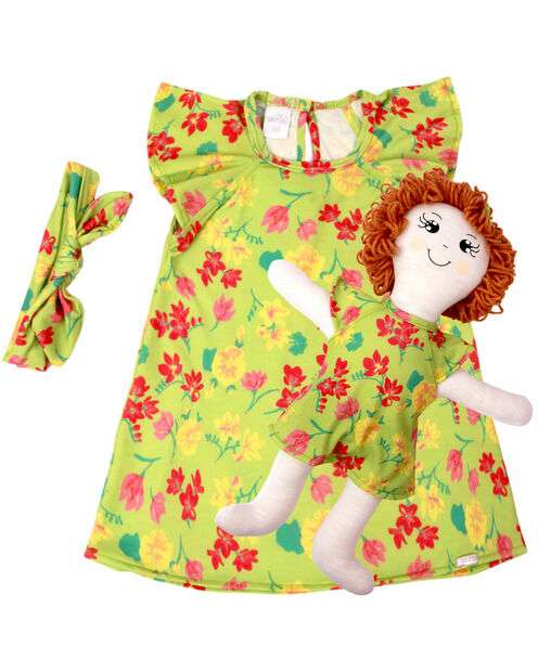 Vestido Bebe Infantil Com Boneca De Pano Kit com Faixa de Cabeça - Verde