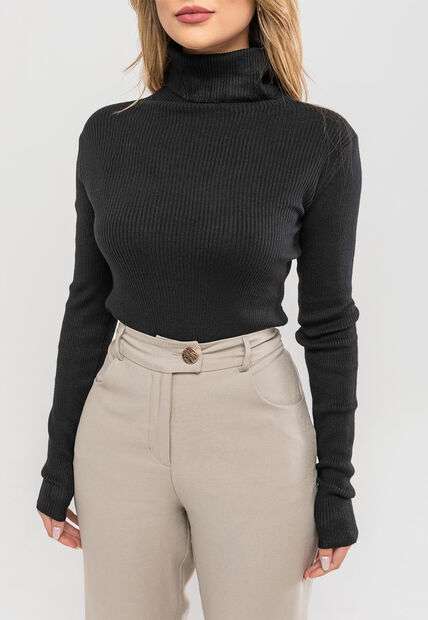 Blusa Tricot Modal Canelado Gola Rolê Preto Salvatore