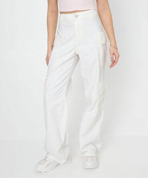Calça Feminina Sarja Wide Leg Cargo Sawary Off White