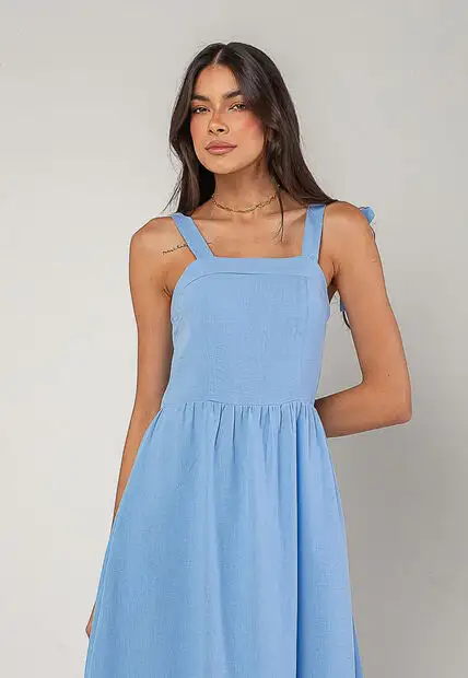 Vestido Alfaiataria Midi Com Alças Largas e Amarração Azul Salvatore