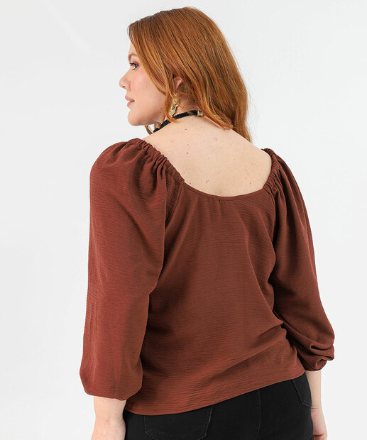Blusa Plus Size Feminina Manga Princesa 7/8 Marisa Marrom