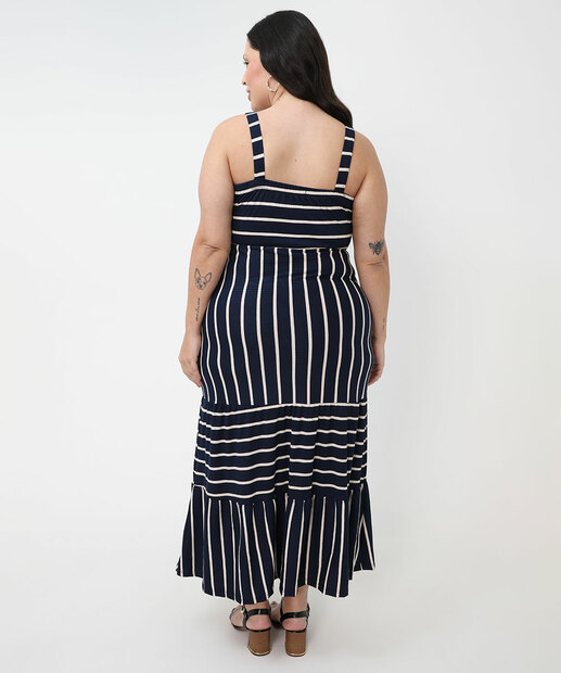 Vestido Plus Size Textura Listrado Feminino Marisa Azul