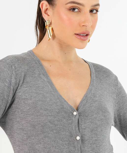 Cardigan Feminino Botões Pérolas Sintéticas Marisa Cinza