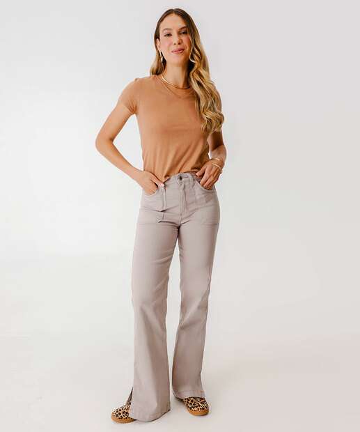 Calça Sarja Wide Leg Fenda Feminina Biotipo