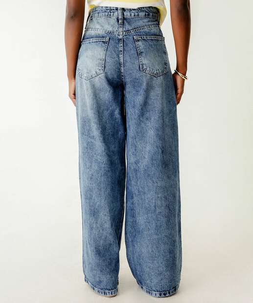 Calça Jeans Wide Leg Feminina Marmorizada Bolsos Marisa