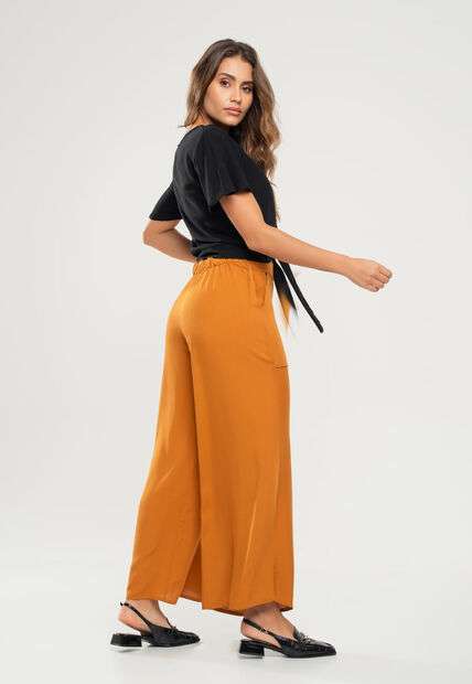 Calça Pantalona Com Bolso Viscolinho Mostarda Salvatore Fashion