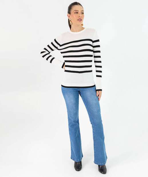 Suéter Feminino Tricô Listrado Pérolas Marisa Off White