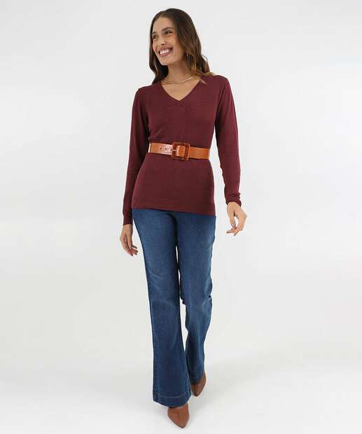 Suéter Feminino Liso Gola V Marisa Vinho