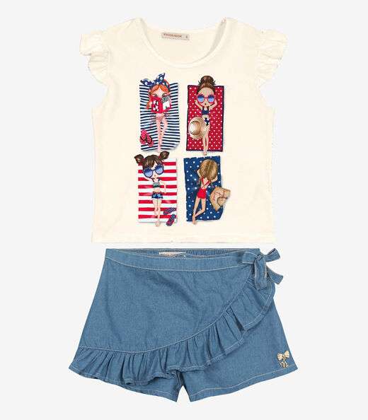 Conjunto Juvenil Blusa E Shorts Saia Trick Nick Bege