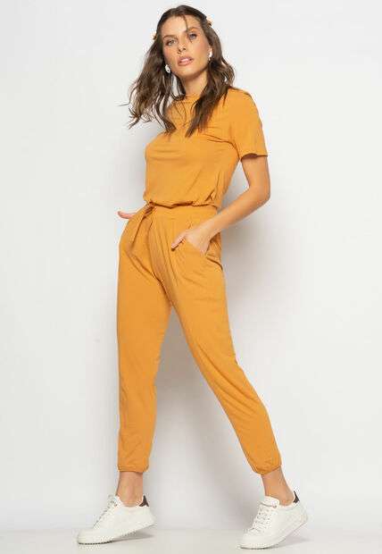Conjunto Blusa Gola Redonda M/C e Jogger Recortes Malha Caramelo Salvatore