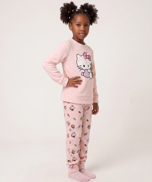Pijama Infantil Bordado Hello Kitty Manga Longa Tam 04 ao 12 Rosa