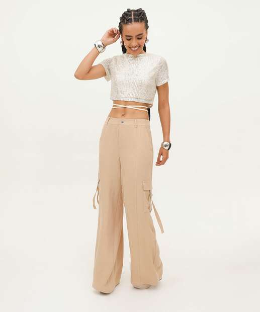 Blusa Cropped Feminina Paetês Manga Curta Marisa