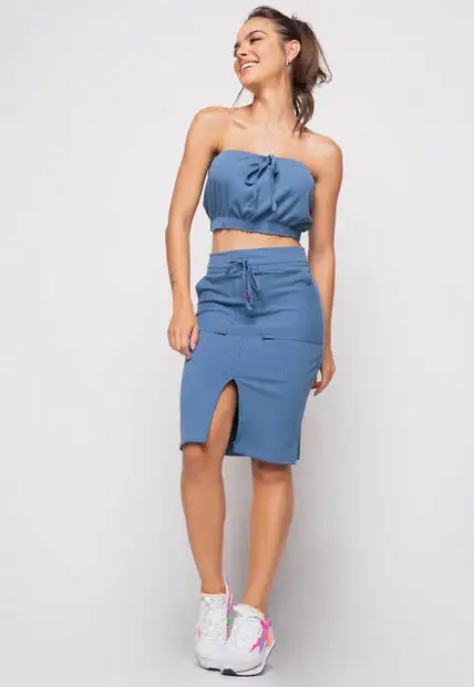 Saia  Midi Com Bolso Malha Canelada Azul