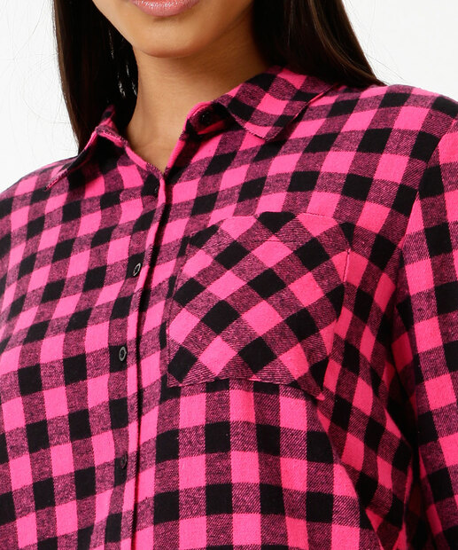 Camisa Feminina Xadrez Bolso Manga Longa Marisa