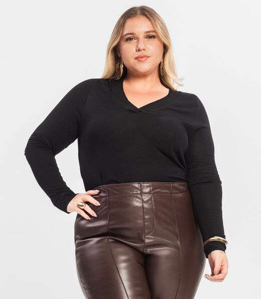 Blusão Feminino Plus Size Decote V Secret Glam Preto