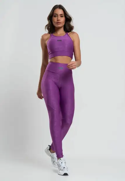 Top Suplex Canelado Brilho com Decote Alto e Tiras Roxo Salvatore Fashion