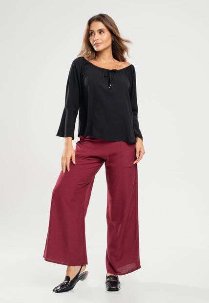 Calça Pantalona Com Bolso Viscolinho Vinho Salvatore Fashion