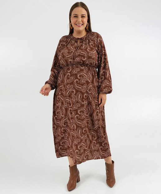 Vestido Plus Size Feminino Paisley Marisa Marrom