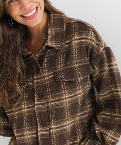 Camisa Feminina Xadrez Flanelada Marisa Marrom