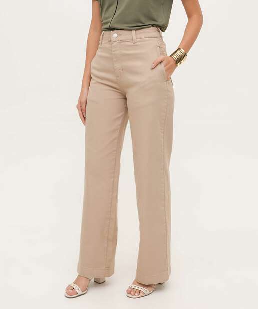 Calça Sarja Wide Leg Bolsos Feminina Sawary