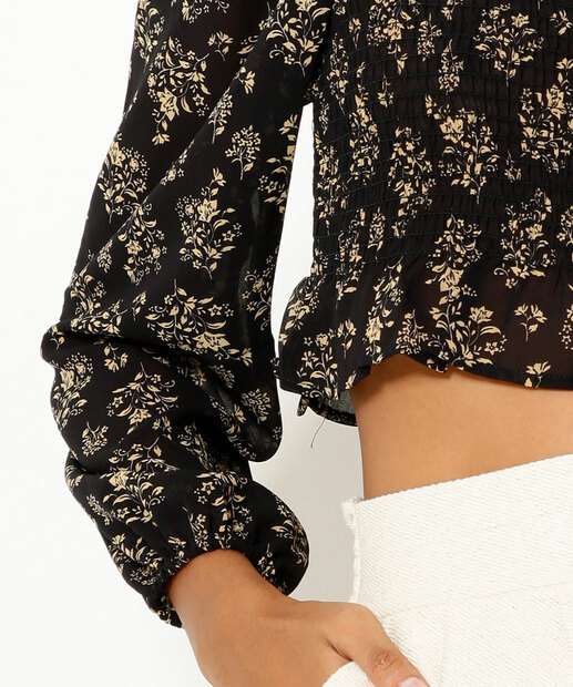 Blusa Cropped Feminina Chiffon Floral Manga Longa Marisa