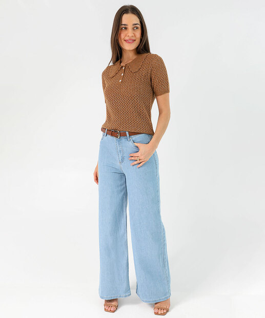 Blusa Feminina Polo Tricô Brilho Lurex Marisa Marrom