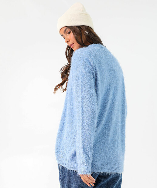 Cardigan Feminino Tricô Alongado Pelúcia Marisa Azul