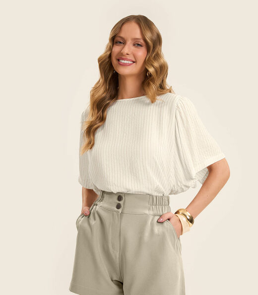 Image_Camiseta de Manga Curta Listrada Lurex Rovitex Bege