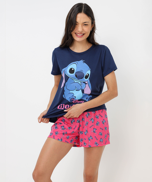 Pijama Feminino Manga Curta Stitch Disney Azul