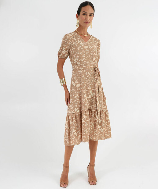 Vestido Feminino Midi Flores Amarração Marisa Bege