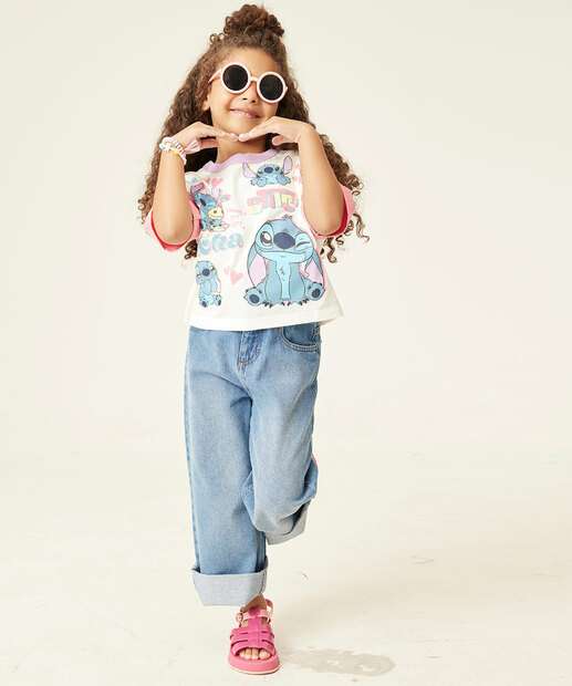 Camiseta Infantil Stitch Manga Curta Disney Tam 4 a 10