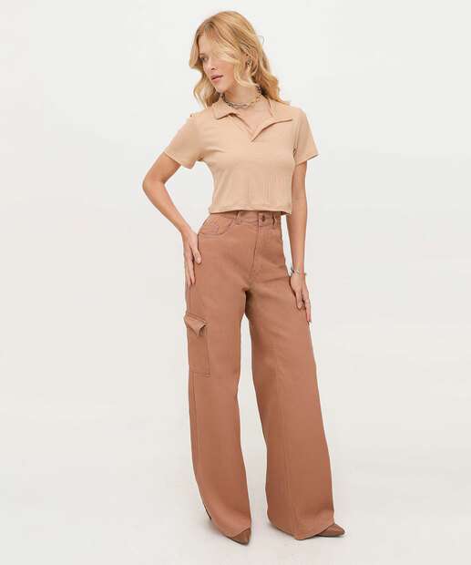Image_Calça Sarja Wide Leg Bolsos Cargo Feminina 