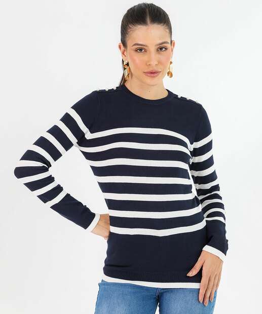 Image_Suéter Feminino Tricô Listrado Pérolas Marisa Azul