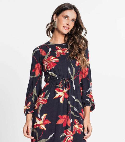 Vestido Feminino Manga Longa Floral Rovitex Preto